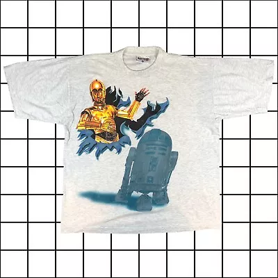 Buy Vintage 90s Star Wars C3PO R2D2 Graphic T-shirt Grey And Blue Redwood Tag XL  • 75£