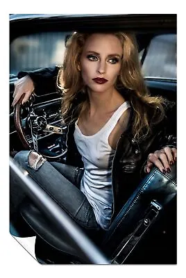 Buy Woman In Leather Jacket On Vintage Mustang Artistic Poster Wall Art Home Decor • 9£