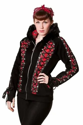 Buy Banned Womens Gothic Tartan Alternative Hoodie With Faux Fur Hood Size XL • 50£