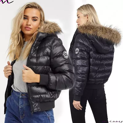 Buy New Ladies Black Shine Quilted Winter Coat Puffer Fur Collar Hood Womens Jacket • 24.99£