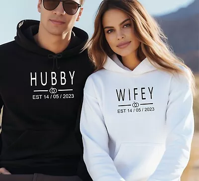 Buy Husband & Wife Personalised Wedding Ring Hoodie Just Married Hoody Hubby & Wifey • 21.99£