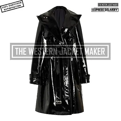 Buy Women Black Vinyl Trench Coat Women Faux Patent Leather Double Breasted Coat • 117.21£