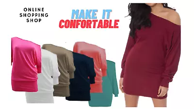 Buy Womens Plain Slash Neck Oversized Baggy Top Ladies Off Shoulder Bardot T Shirt • 8.23£
