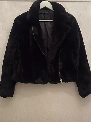 Buy Black Faux Fur Biker Jacket Eur S 10/12 Autumn Winter Xmas Towie Party Boho • 20.98£