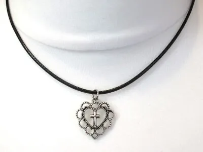 Buy Gothic Heart Necklace Black Cord 18'' Cross Pendant Goth Halloween Jewellery • 4.50£