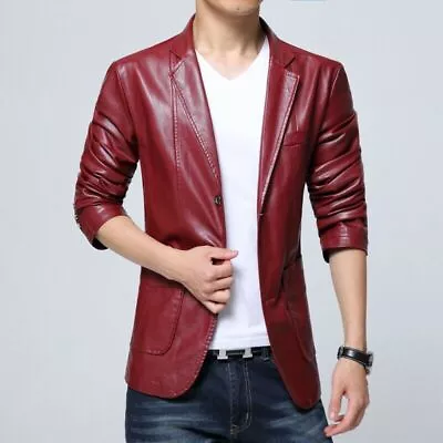 Buy Men's Casual Lapel Blazer PU Leather Jacket Slim Fit 5 Colors Coat Spring Thin • 58.79£
