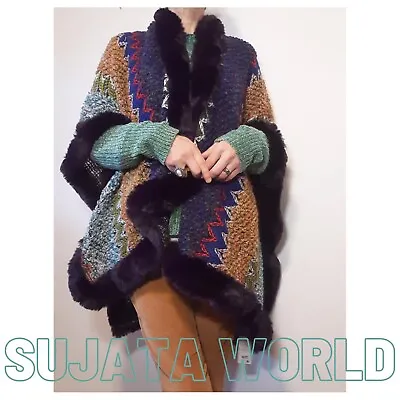 Buy Faux Fur Trim Boucle Poncho Cape Coat Jacket Wrap Shawl Stole Boho Langenlook • 19.53£