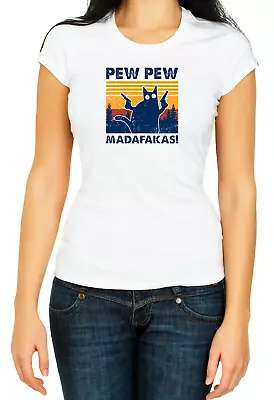 Buy Funny Pew Pew Madafakas Funny Cat White Women's 3/4 Short Sleeve T-Shirt F068 • 11.44£