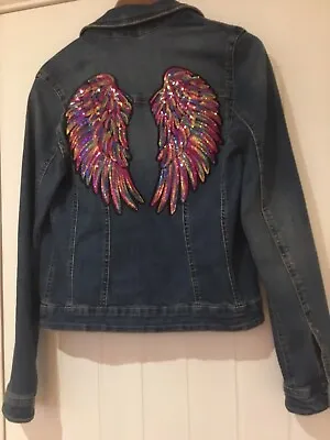 Buy Reworked Next  Dark Denim Jacket With Stunning Sequin Angel Wings Back Size 10 • 30£