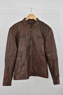Buy Brands Lock Brown Leather Biker Jacket Front Zip Buckles Pockets 48  Chest • 29.99£