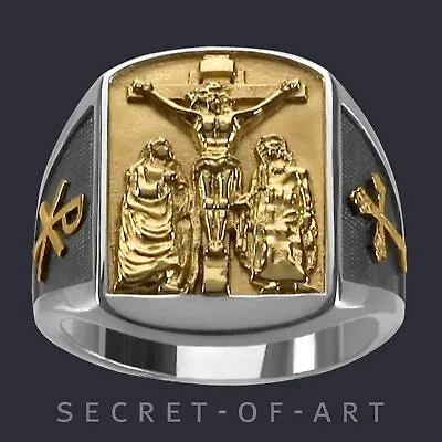 Buy Jesus Ring Silver 925 Crucifixion Mary John Bishop Religious Chi Rho Gold-Plated • 152.80£
