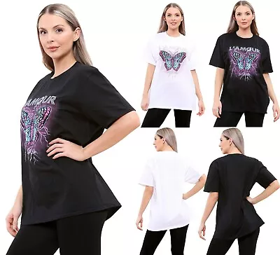 Buy New Ladies L'AMOUR Butterfly Printed Slogan Oversize Short Sleeve T-Shirt Top UK • 9.99£