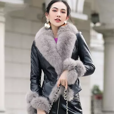 Buy Women Real Warm Sheepskin Leather Jacket With Big Fur Collar Plus Size Coat • 392.85£
