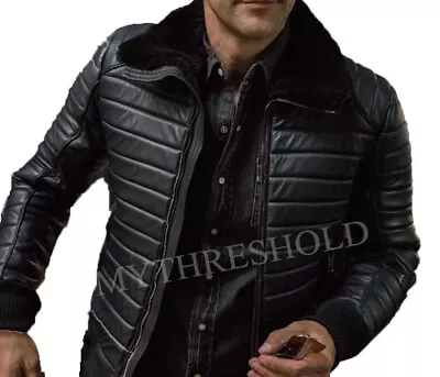 Buy Men's Double Black Puffer Luxury Winter Real Leather Biker Racer Jacket • 122.68£