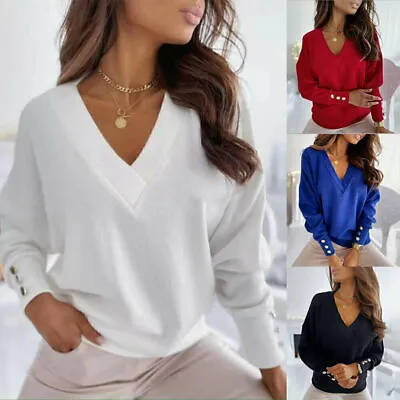 Buy Womens V Neck Long Sleeve T Shirt Blouse Ladies Loose Jumper Pullover Tops Size • 3.09£