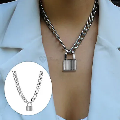 Buy 8MM Wide Chain Necklace Silver Curb Cuban Link Lock Padlock Pendant Punk Jewelry • 4.99£