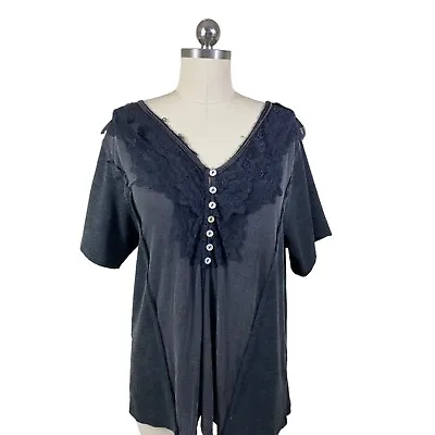 Buy POL Clothing Top Womens Medium Black Short Sleeve V-Neck Crochet Boho Cottage • 13.20£