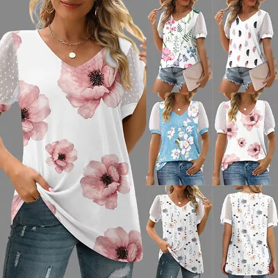 Buy Women Floral T-Shirt Tunic Tops Ladies Summer Puff Short Sleeve Casual Blouse • 6.19£
