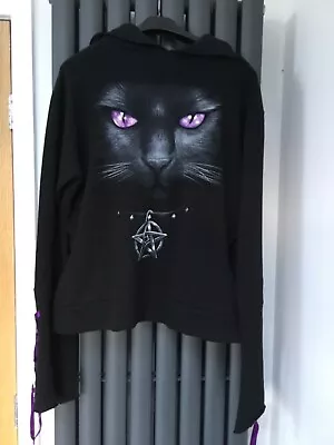 Buy Goth Witchcraft Cat Pentagram Black Hoodie Fluted Flared Sleeves Purple Laces XL • 14.99£