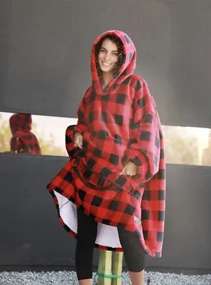 Buy Oversized Red Black Plaid Check Sherpa Fleece Hooded Blanket Sweater Hoodie • 29.95£
