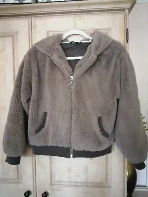 Buy Bershka  Hooded Zip Up Jacket Faux Fur Teddy Bear Taupe Brown S  • 17£