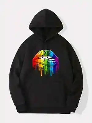 Buy Rainbow Color Funny Lips Printed Hoodies For Women , Drawstring Cozy Sweatshirt • 19.99£