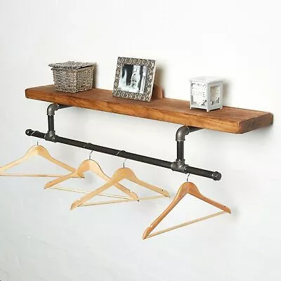 Buy Industrial Clothes Rail With Solid Wood Shelf - Tee Style - Urban, Vintage • 129.95£