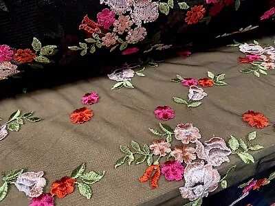 Buy Embroidered Chemical Lace Fabric, Per Metre - Black Tulle, Multicolour Roses • 7.99£
