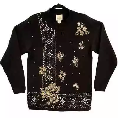 Buy VTG 80s TR Bentley Sweater Women L Embroidered Black Gold Beaded Mock Neck Party • 30.02£