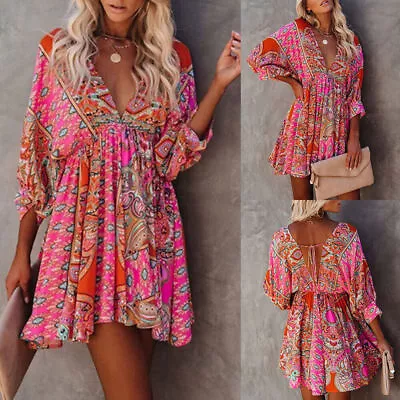 Buy Womens Sexy Boho Floral Mini Dress Backless V Neck Summer Holiday Beach Sundress • 3.69£