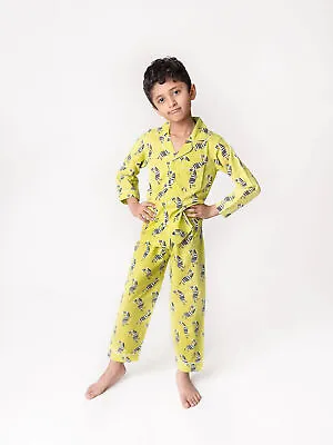 Buy Stylish Cotton Printed Unisex Pajama Kid's Full Sleeve Yellow & Blue Night Suit • 24.97£