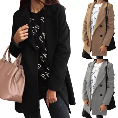 Buy Women's Winter Trench Coat Lapel Plain Long Jacket Blazer Suit Overcoat Outwear • 16.67£