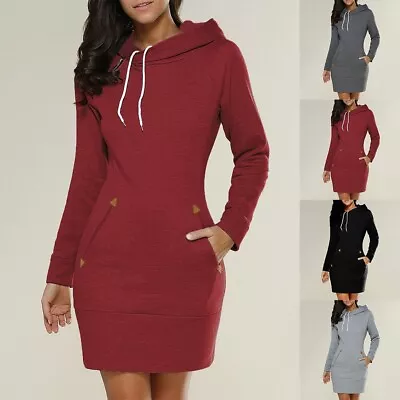 Buy Dark Grey Long Sleeve Hoodie Sweatshirt Dress With Pocket Women's Loose Fit • 19.75£
