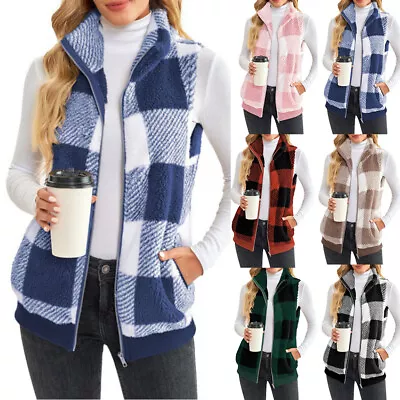 Buy Women Sherpa Jacket Sleeveless Fleece Vest Ladies Zip Up Winter Cozy Plaid UK • 20.99£