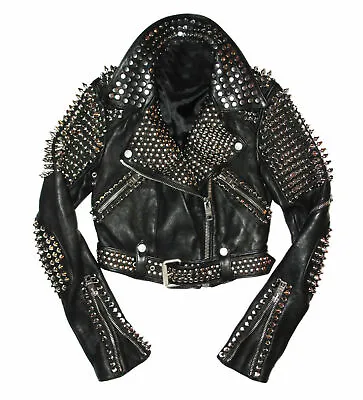 Buy New Women Punk Black Full Heavy Metal Spiked Studded Brando Style Leather Jacket • 235.46£