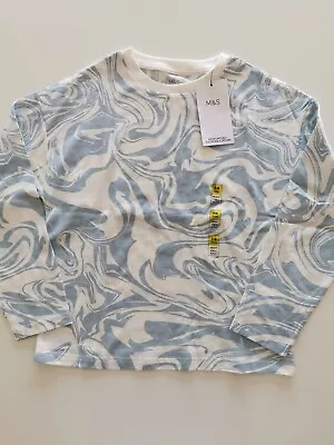 Buy M&S Originals Pure Cotton Blue/White Print Top, Long Sleeve T-shirt, Age 7-8 • 5.99£