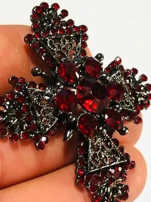 Buy Gothic Red Crystal Black Maltese Cross Brooch Shawl Pin Vintage Style Jewellery • 6.99£