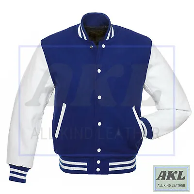 Buy Mens Varsity Jacket Letterman Baseball Blue Wool & White Leather Sleeve XS - 4XL • 87.99£