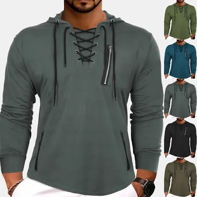 Buy Mens Lace Up Hoodie Tshirt Classic Sporty Combat Fit Long Sleeve Hooded Tops 3XL • 4.99£
