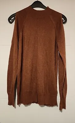 Buy Next Brown Metallic Bronze Sparkly Long Sleeve Cold Shoulder Knitted Jumper 8 • 3.25£