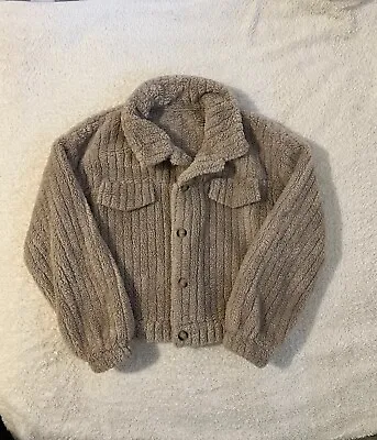 Buy Shein Womens Fleece Jacket Beige Buttons Ribbed Fluffy Moc Teddy Bear - Size M • 5£