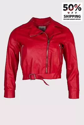 Buy DIXIE Faux Leather Biker Jacket Size S Red Cropped Belt Detail Made In Italy • 19.99£
