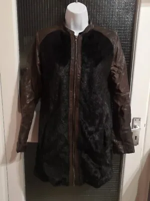 Buy Long Line Biker Jacket, Faux Leather Brown Sleeves With Black Faux Fur Body, Sz8 • 3.99£