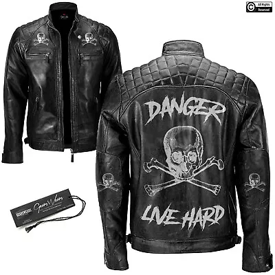 Buy Mens Black Bikers Motorcycle Cafe Racer Genuine Leather Jacket Devil Design • 429.99£