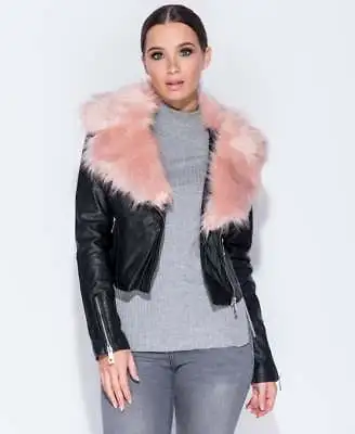 Buy Women's Pink Fur Faux Collar PU Black Biker Formal Jacket Coat • 34.99£
