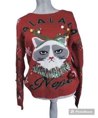 Buy Grumpy Cat Junior SZ XL 15/17 Ugly Xmas Sweater Embellished Ornaments NOPE • 16.10£