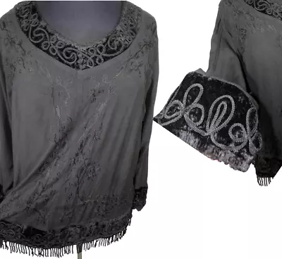 Buy Holy Clothing Black Embroidered Long Sleeve Velvet Trim Fringed Top Plus 1X • 48.25£