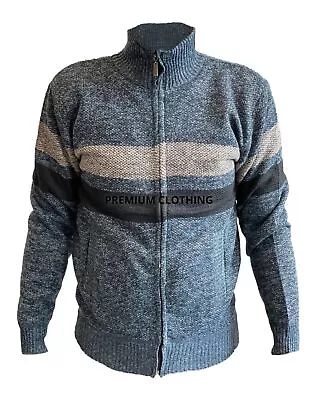 Buy Mens THICK Fleece LINED Mens Cardigan Funnel Collar Zip Up Knitted Jumper Jacket • 13.99£