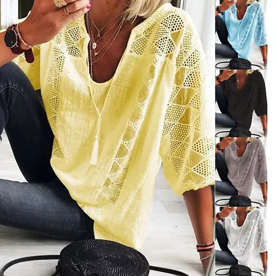 Buy Plus Size Womens Lace V-Neck Tunic Tops Ladies 3/4 Sleeve Casual Blouse T-Shirts • 3.49£