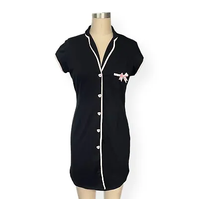 Buy Betsy Johnson Sleep Shirt S Black Pink Bow Heart Buttons Short Sleeve Stretch • 17.32£